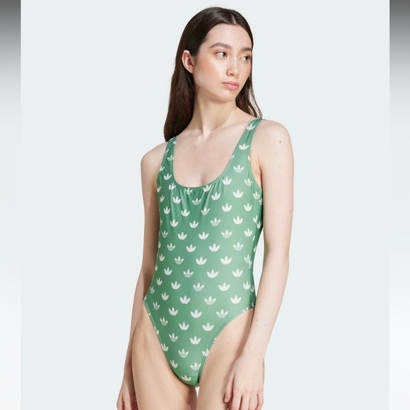 New adidas Originals Monogram swimsuit in green